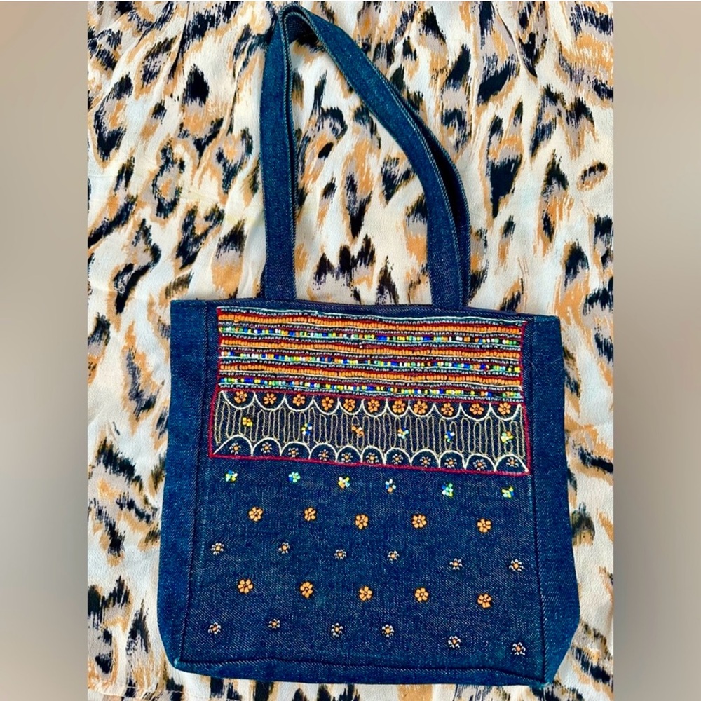 Vintage small dark denim beaded handbag